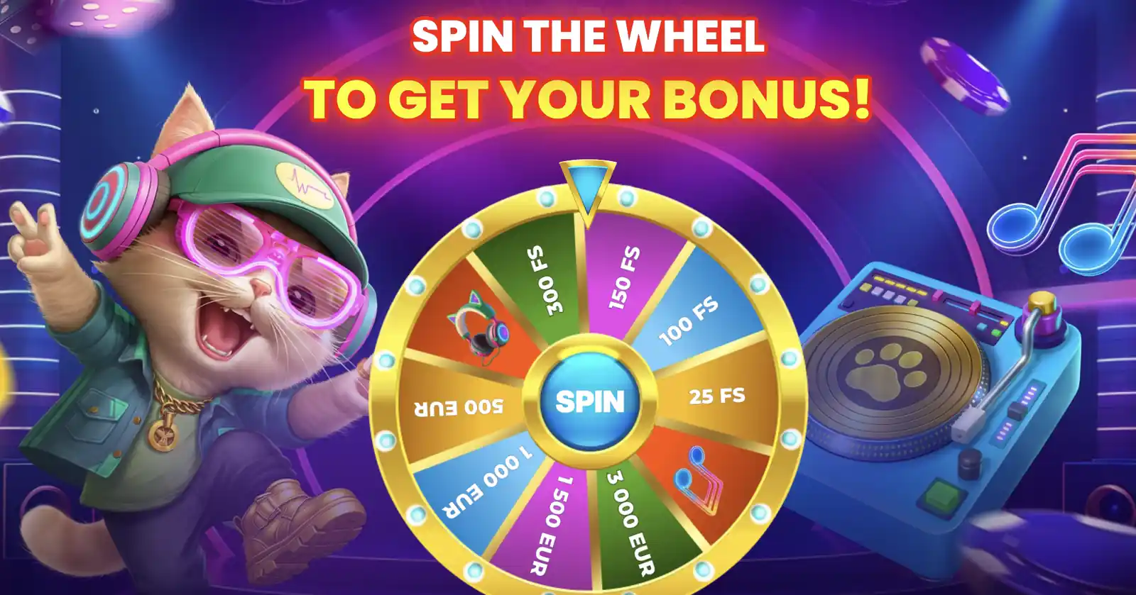 YEP Casino Glücksrad mit Sektoren von 25 bis 300 Freispielen und 500 bis 3.000 EUR
